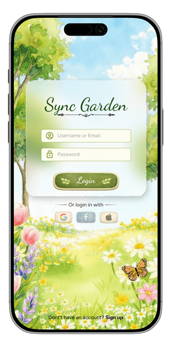 Sync Garden app login screen